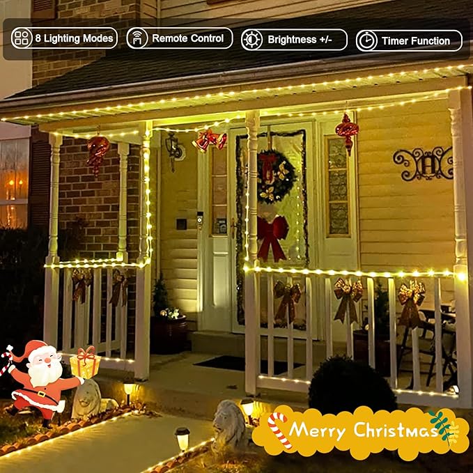 JMEXSUSS 2 Pack Christmas Lights Battery Operated Rope Lights Warm White - Outdoor Waterproof, 200LED 66ft 8 Modes Battery Powered String Light with Remote for Tree Garden Christmas Decorations