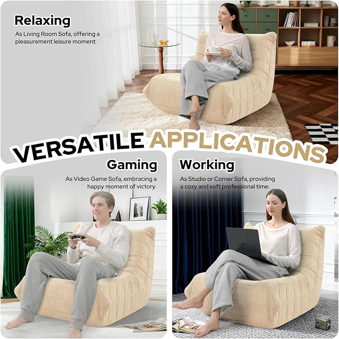 HABUTWAY Bean Bag Chairs Fireside Lazy Floor Sofa, Soft Teddy Fleece Bean Bag Sofa with High-Resilience Foam Filling，Beanbag for Living Room, Bedroom, Office (Khaki Teddy)