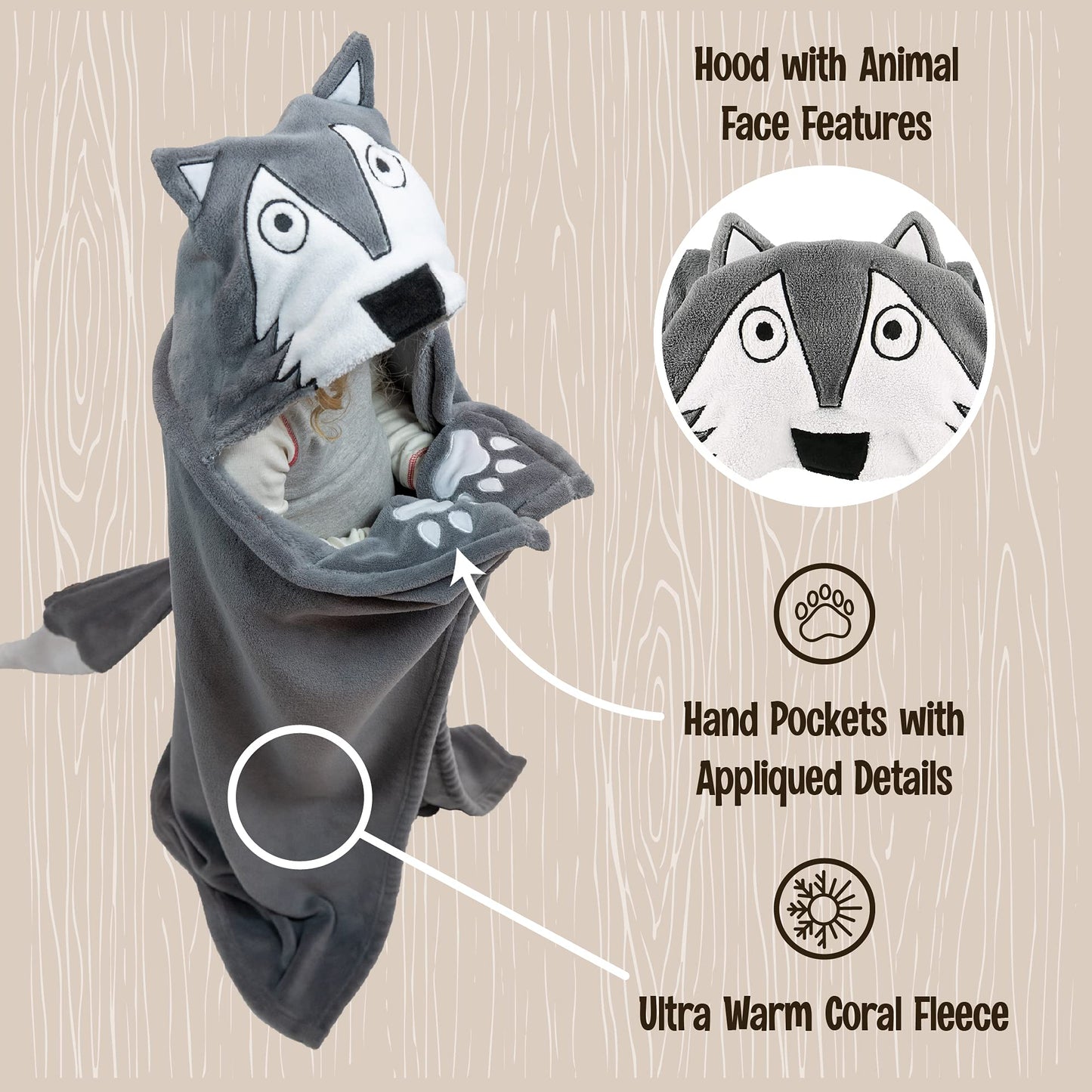Lazy One Wearable Hooded Blanket for Kids, Animal Hooded Blanket (Wolf)