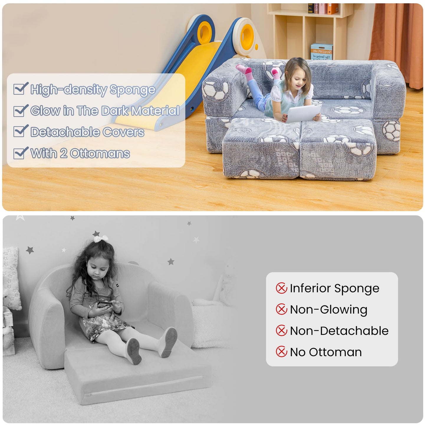 Lamerge Toddler Couch Glow in The Dark Toddler Fold Out Couch for playroom, Convertible Baby Fold Out Play Foam and Floor Cushion for Bedroom (Grey+Football)