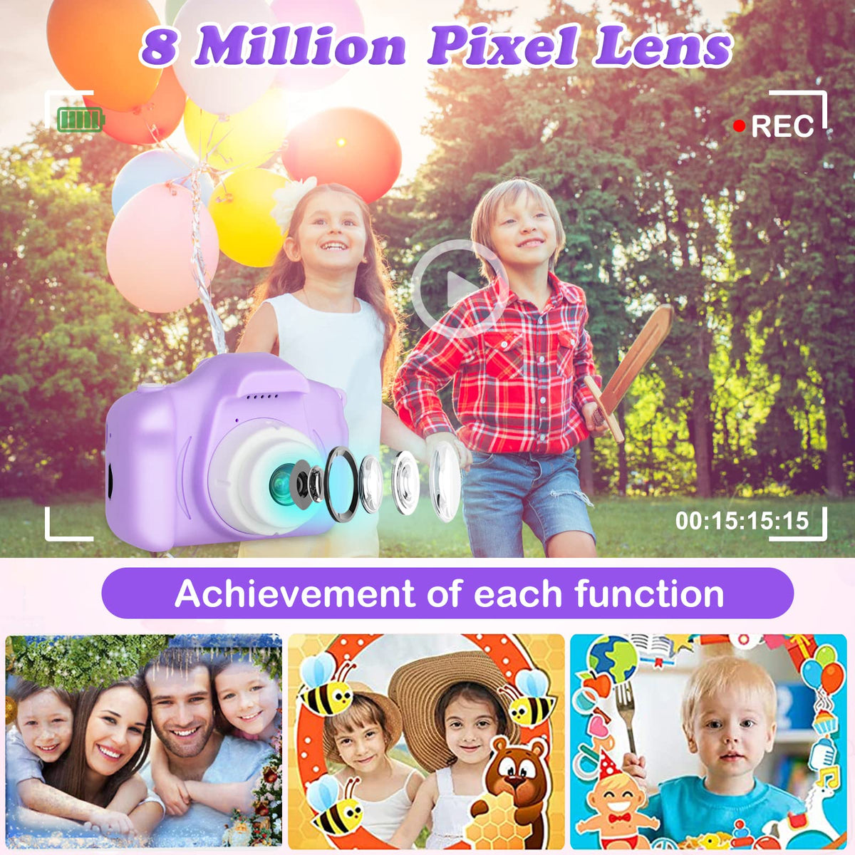 Zeacool Kids Camera, HD Digital Video Camera, Childrens Toys for 3 4 5 6 7 8 9 Year Old Boys/Girls, Selfie Camera for Kids, Christmas Birthday Gifts with 32GB SD Card (Purple)