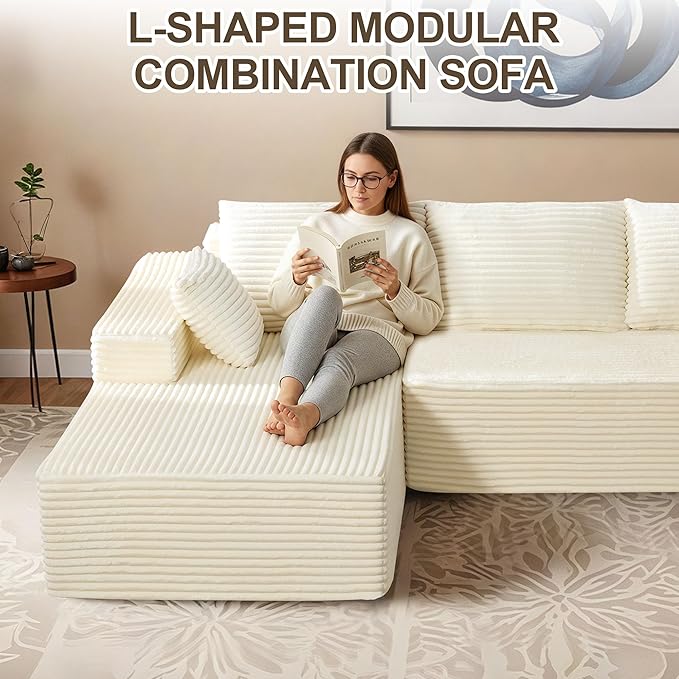 UMBFUN 110" Cloud Sectional Couch for Living Room, Boneless Couch with L-Shape Chaise, Modular Sectional Sofa with Deep Seat, Oversized Modular Sofa for Bedroom, No Assembly Required, Corduroy