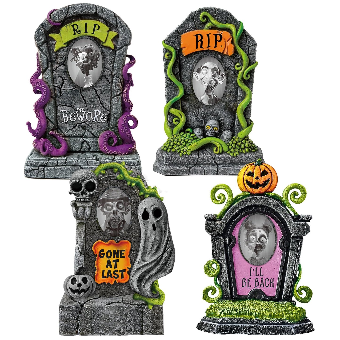 Hiboom 4 Set Large Halloween 3D Changing Face Rip Graveyard Tombstones and 19.7x13.8 Inch Halloween Skeleton Headstone RIP Graveyard Tombstones Outdoor Props Decoration for Yard Garden Lawn