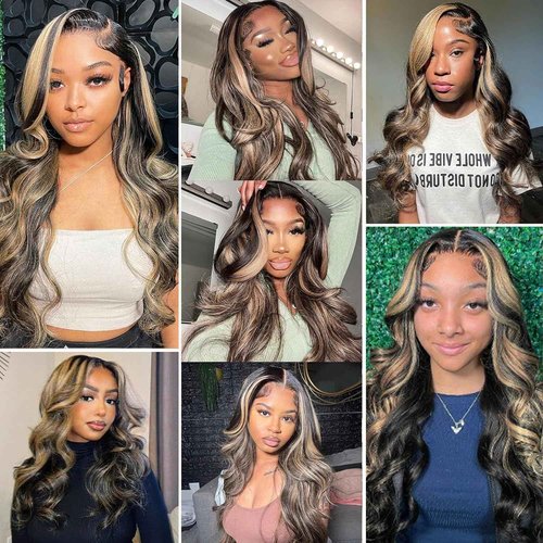 PDTBO Ombre Lace Front Wig Human Hair Pre Plucked 24 Inch Body Wave 1B/27 Highlight Lace Front Wig Human Hair 180% Density Colored 13x4 HD Lace Frontal Glueless Wigs For Black Women