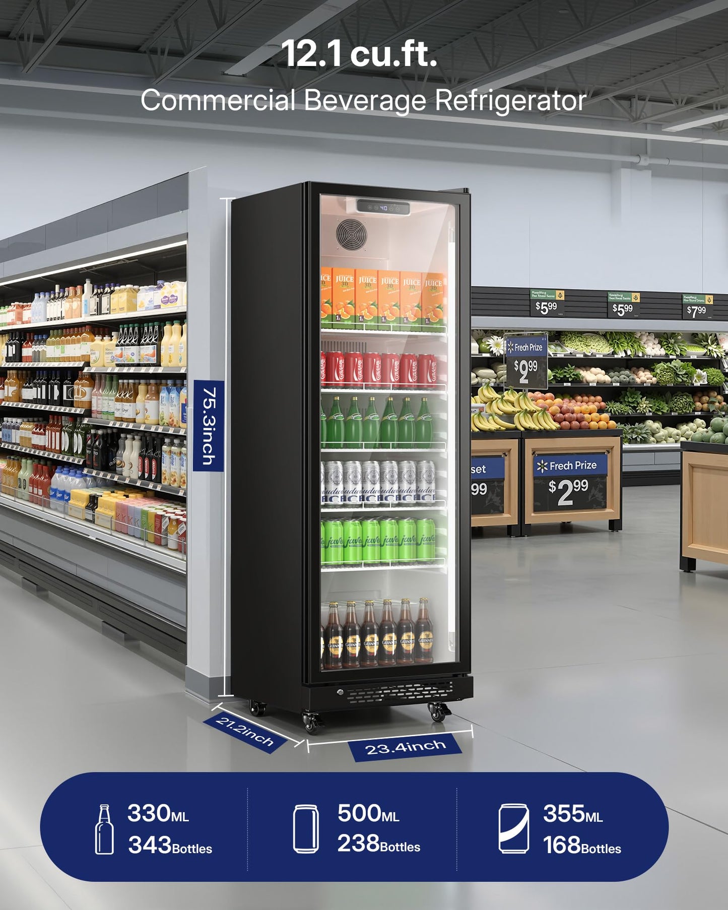 Upstreman Commercial Beverage Refrigerator, 12.1 Cu.Ft Glass Door Display Refrigerator with Soft LED Light and Adjustable Shelves, Merchandiser Cooler for Restaurant, Cafe, Bar, Office