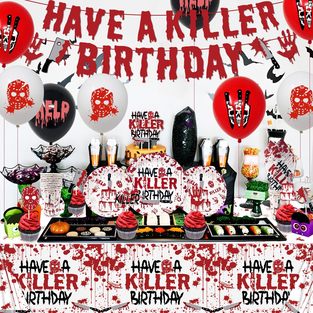 Halloween Birthday Party Decorations Have a Killer Birthday Decorations Scary Bloody Hand Plates Napkins Cups Have a Killer Banner Tablecloth Balloon for Halloween Horror Movie Decor