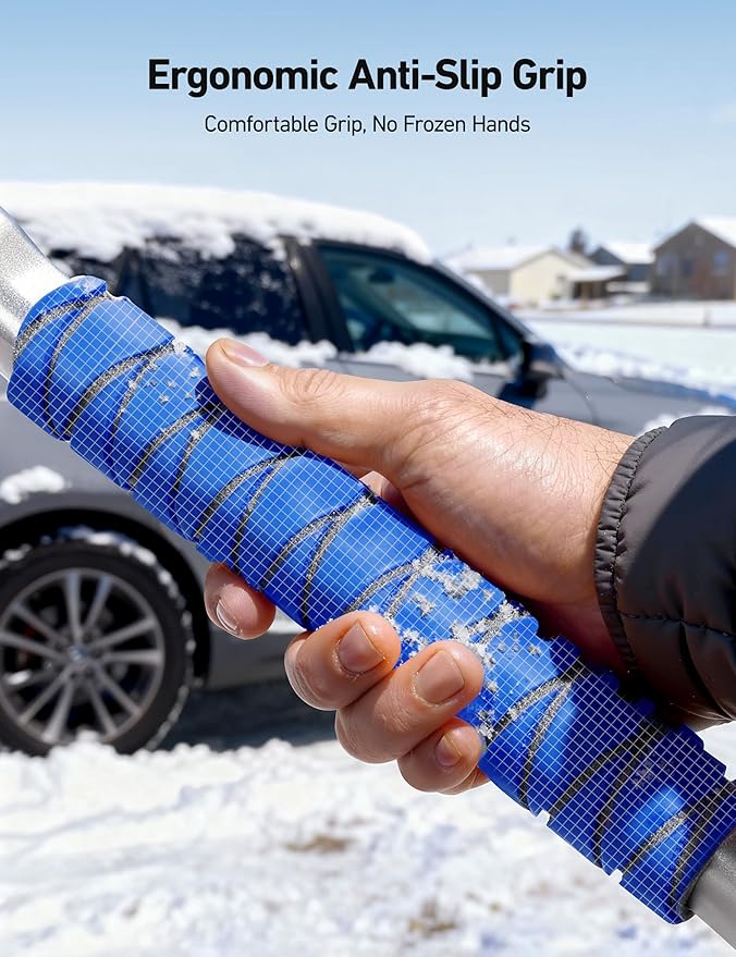 AstroAI 62.4" Ice Scrapers for Car Windshield and Extendable Snow Scraper with Foam Grip and 360° Pivoting Brush Head for Christmas Car Auto Truck SUV(Blue)