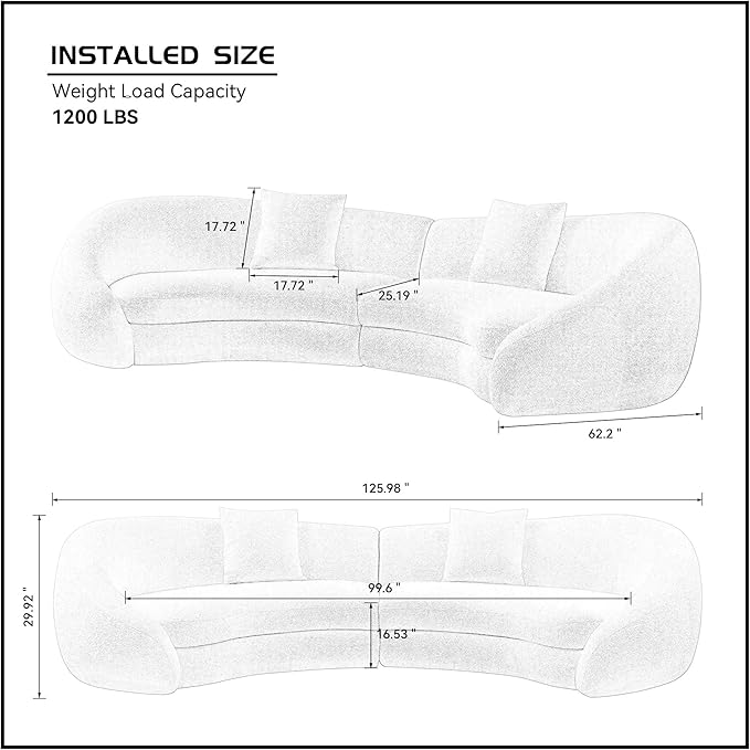 KEIKI 126" Curved Oversized Boucle Sectional Sofa with Love Heart Design, Modern 5-Seater Polyester Couch with 2 Decorative Pillows and Rolled Arms, Easy Assembly, for Apartment, Living Room, White