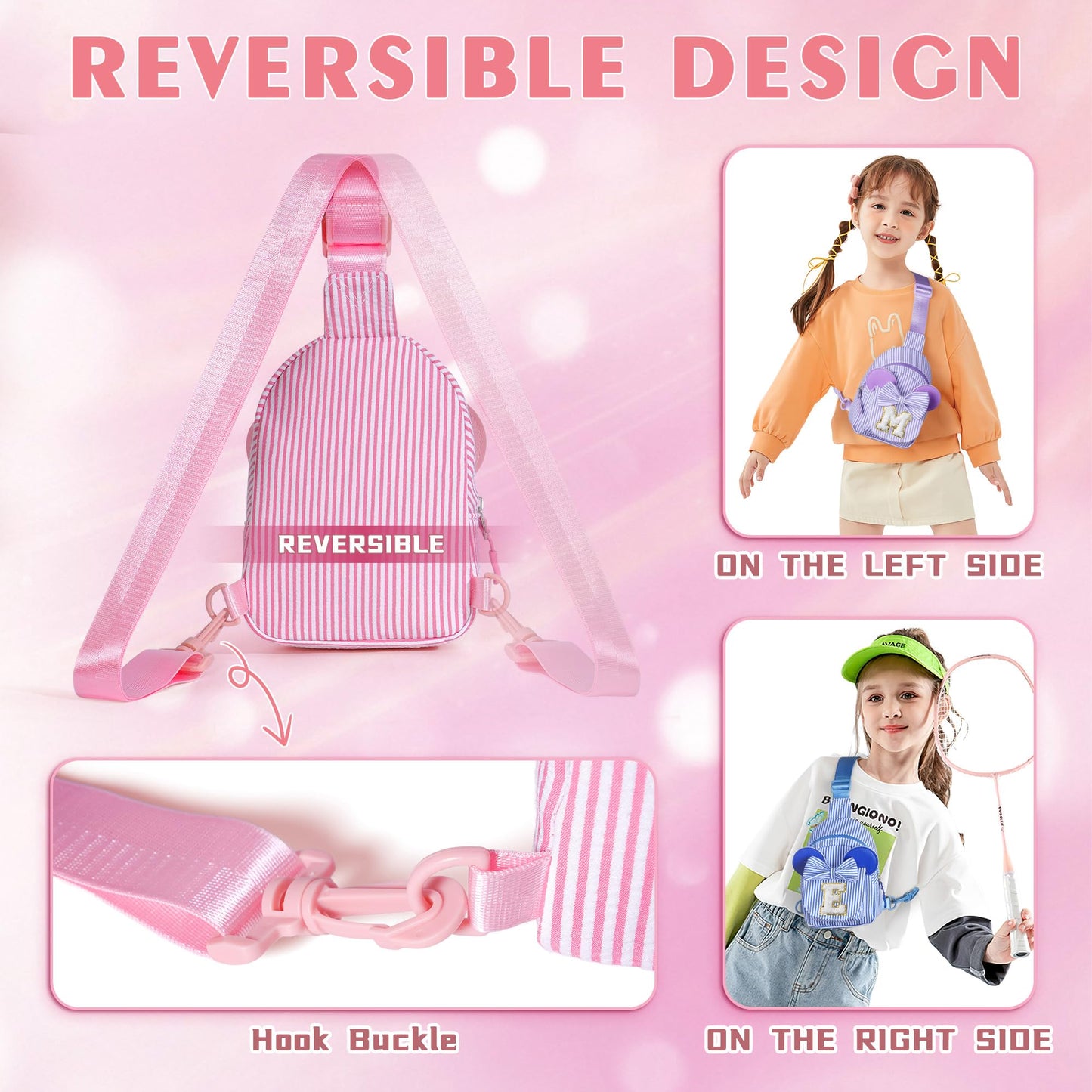 QLOVEA Birthday Gifts for Girls, Sling Bags for Girl Kid Travel, Birthday Gifts for 3 4 5 6 7 8 9 Year Old Girls Small Initial Pink Cross Fanny Packs Sling Bag for Daughter Gift (Pink T)