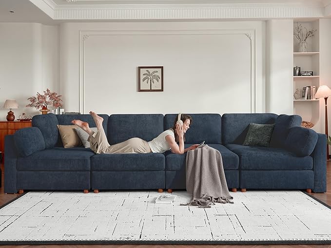 CUGOAO 118'' Modular Sectional Sofa, Oversized L-Shaped Sectional Couch with Ottoman, Deep Seat Chenille Cloud Couch, Mordern Upholstered Couches for Living Room, Apartment, Office, Blue