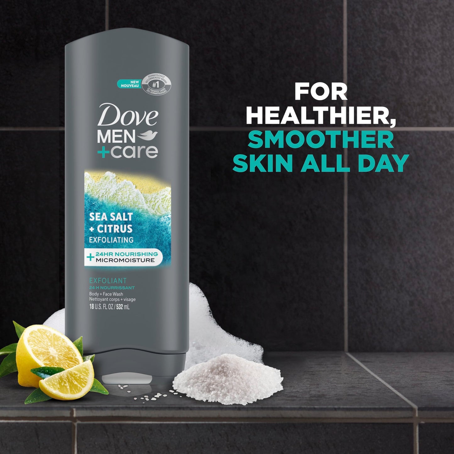 DOVE MEN + CARE Body and Face Wash Exfoliating Sea Salt + Citrus 4 count for Men, with 24-Hour Nourishing Micromoisture Technolo