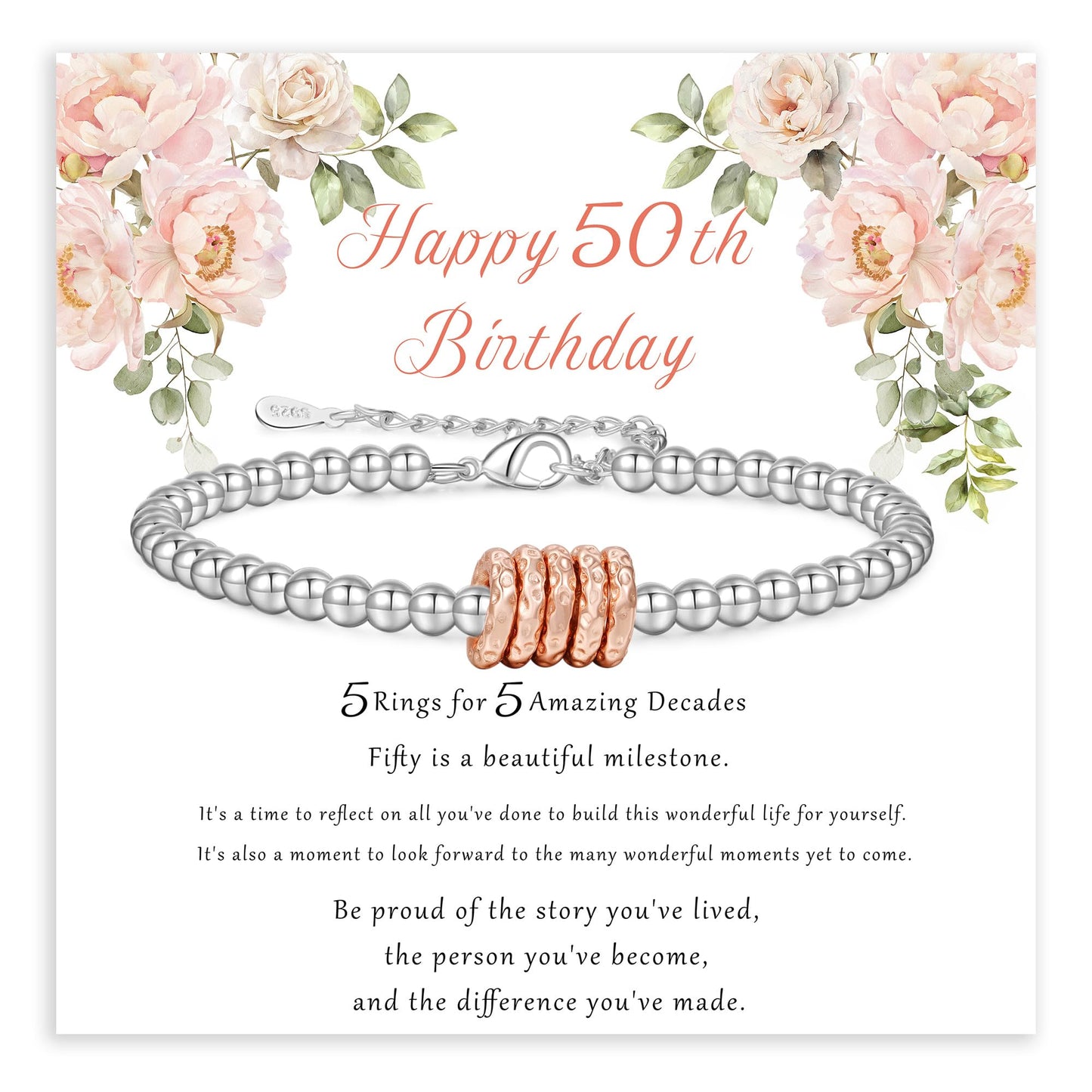 FENNELISA 50th Birthday Gifts for Her,Adjustable Silver Bracelet for Women Unique 50th Birthday Gifts for Women Cool Best Birthday Presents Ideas with Cards for Female Mom Sister Friend