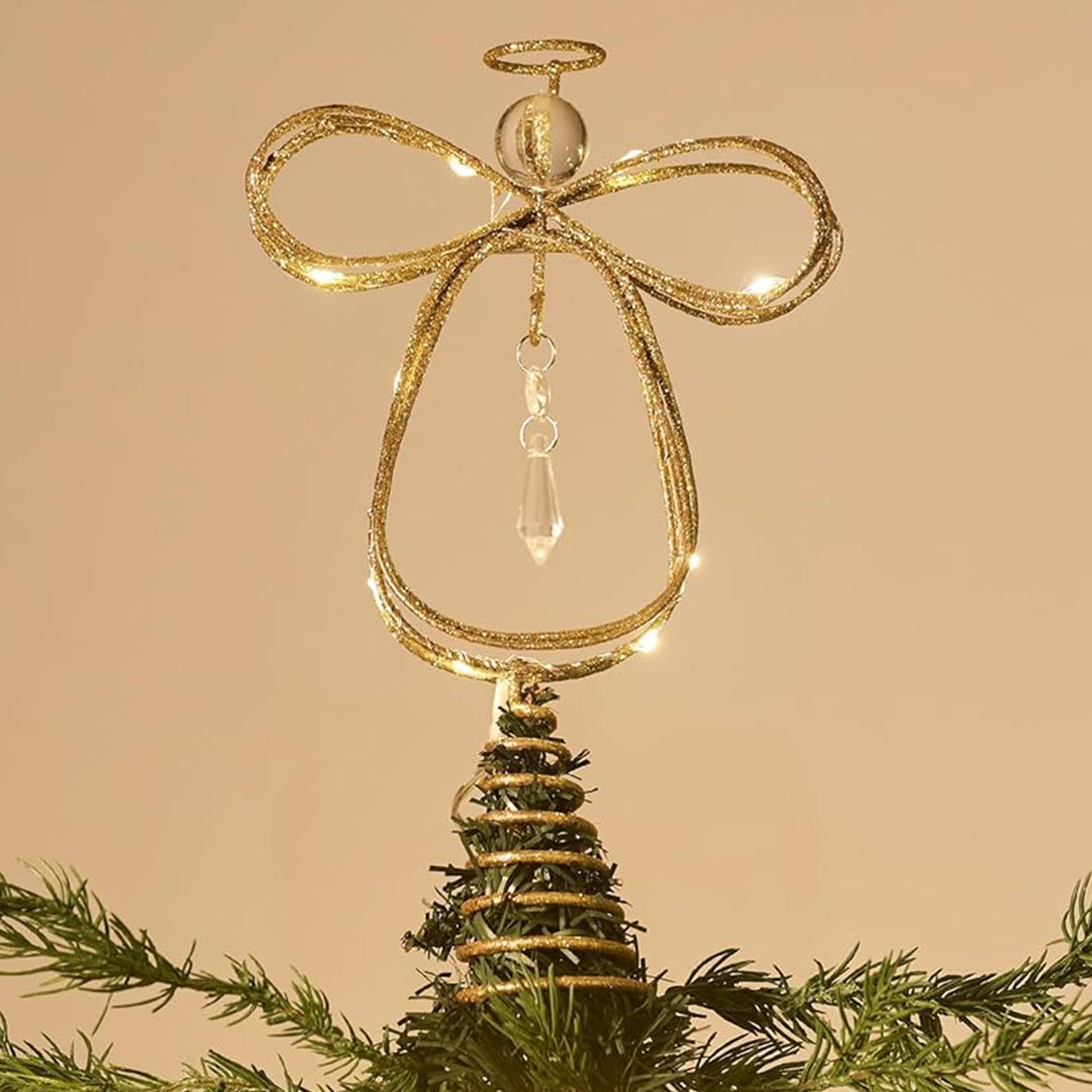 Valery Madelyn Lighted Christmas Tree Topper Angel with Timer, 10 Inch Pre-Lit Gold Metal Small Angel Tree Topper with Lights for Christmas Tree Decoration Indoor, Battery Operated, Valentines Gifts
