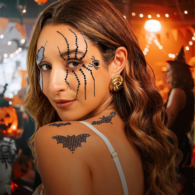 YGDZ Face Gems, Halloween Face Jewels Stickers, Spider, Bats, Snakes Hair Gems for Women, Black Stick On Rhinestones for Halloween Makeup, Rave Accessories