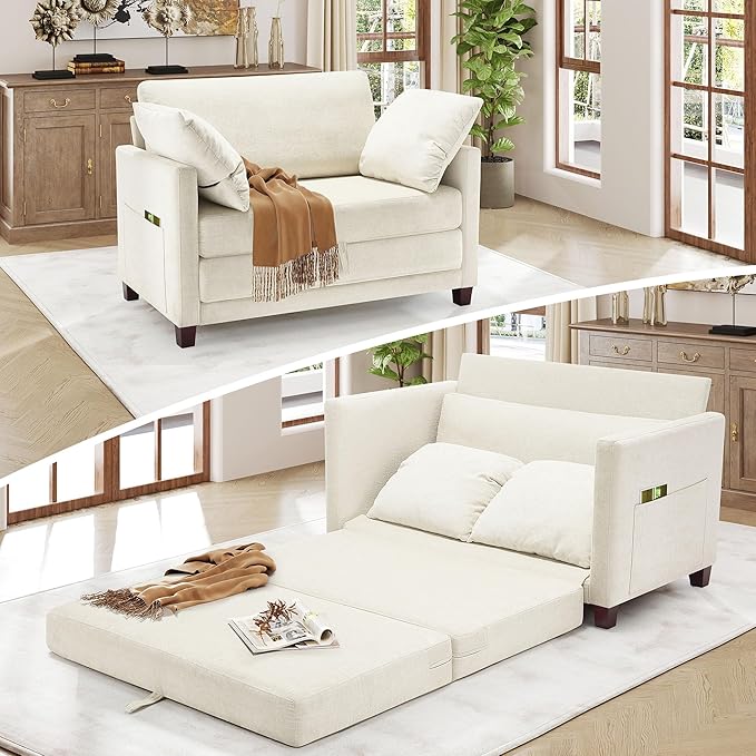 kakuboohi 51" Loveseat Sleeper Sofa Bed, Chenille Convertible Floor Sofa Bed for Small Spaces, Folding Couch Bed with Deep Seat, 2 Pillows & Solid Frame, Pull Out Floor Couch for Living Room, Beige