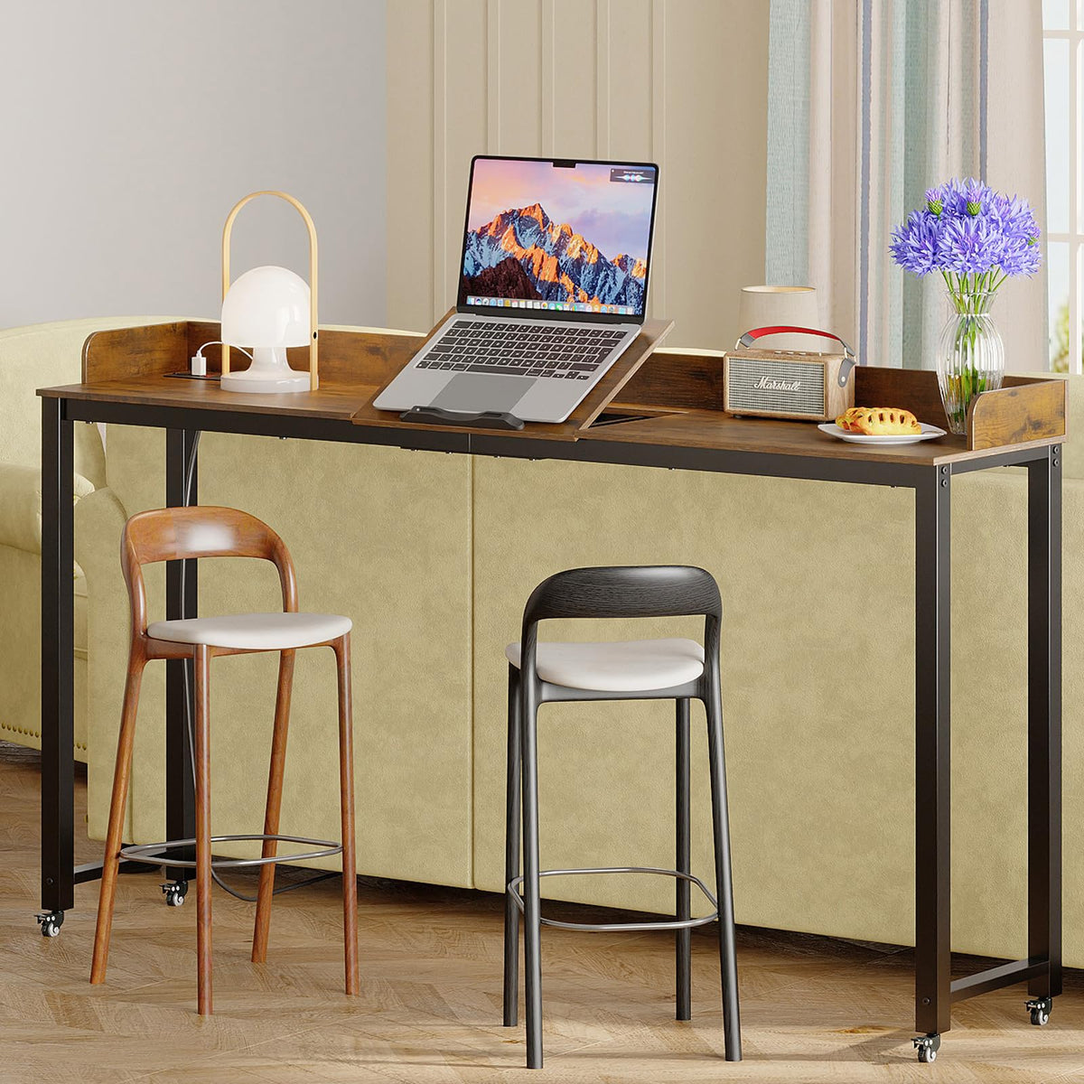 GiftGo Overbed Table with Wheels Portable Rolling Queen Size Mobile Bed Desk with Adjustable Tilt Stand Standing Laptop Cart with Outlets & USB Ports (Rustic Brown, 71 inches)