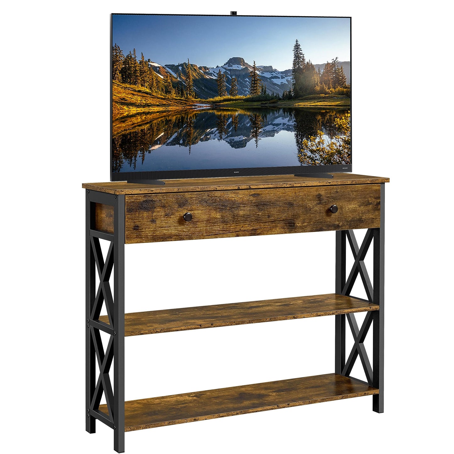 Yaheetech Console Table with Drawer, Entryway Table with 3 Tier Storage Shelves, Narrow Long Sofa Tables for Entryway, Living Room, Hallway, Couch, Kitchen, Metal Frame, Rustic Brown