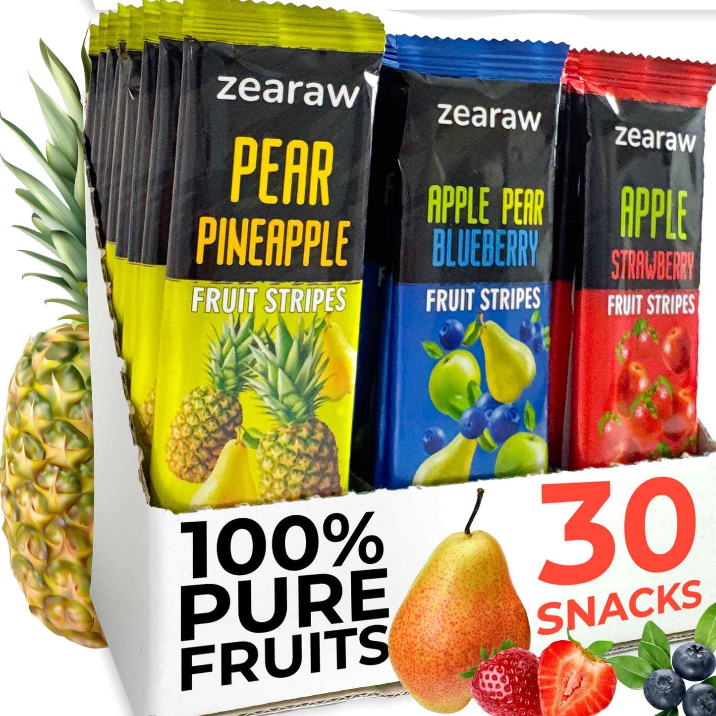 ZEARAW Healthy Fruit Snacks for Adults and Kids – 30 Organic Fruit Leather with Dried Pineapple, Blueberry, Strawberry-Raspberry – Vegan Low-Carb Variety Pack Strips for Kids – Sugar Free Bars