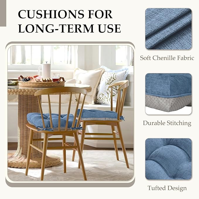 HARBOREST Chair Cushions for Dining Chairs Set of 2 - Chenille Tufted Kitchen Chair Cushions with Ties and Non-Slip Bottom, Foam Chair Pads for Dining Chairs, 17" x 17", Blue