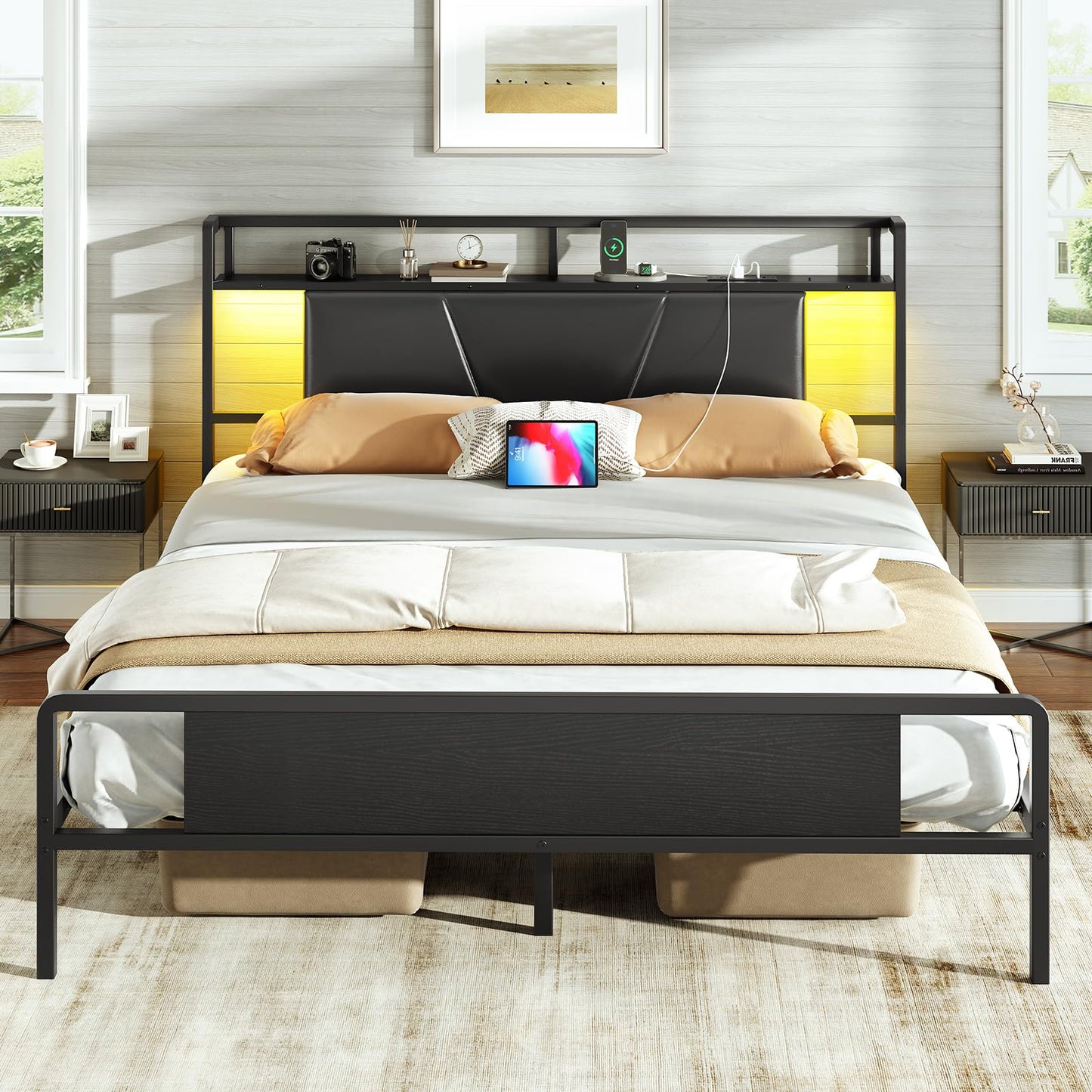 RALGEND Queen Bed Frame with Upholstered Headboard, LED Bed Frame with Charging Station, Metal Platform Bed with Under Bed Storage, No Box Spring Needed, Noise Free, Easy Assembly, Black