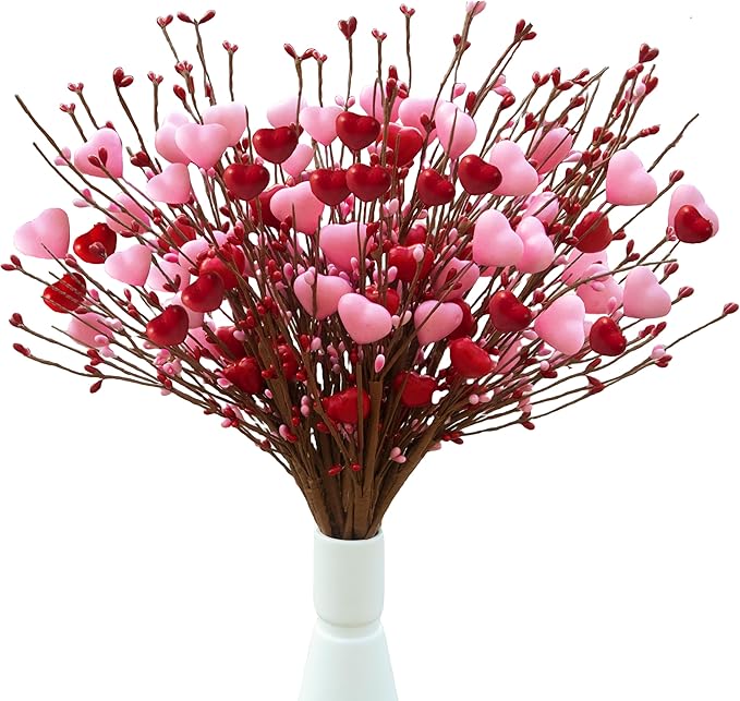 zjlmit Valentine's Day Picks, 12 Pieces Artificial Pink Heart Shaped Berry Branches, 17.7 Inch Valentine's Day Heart Picks...