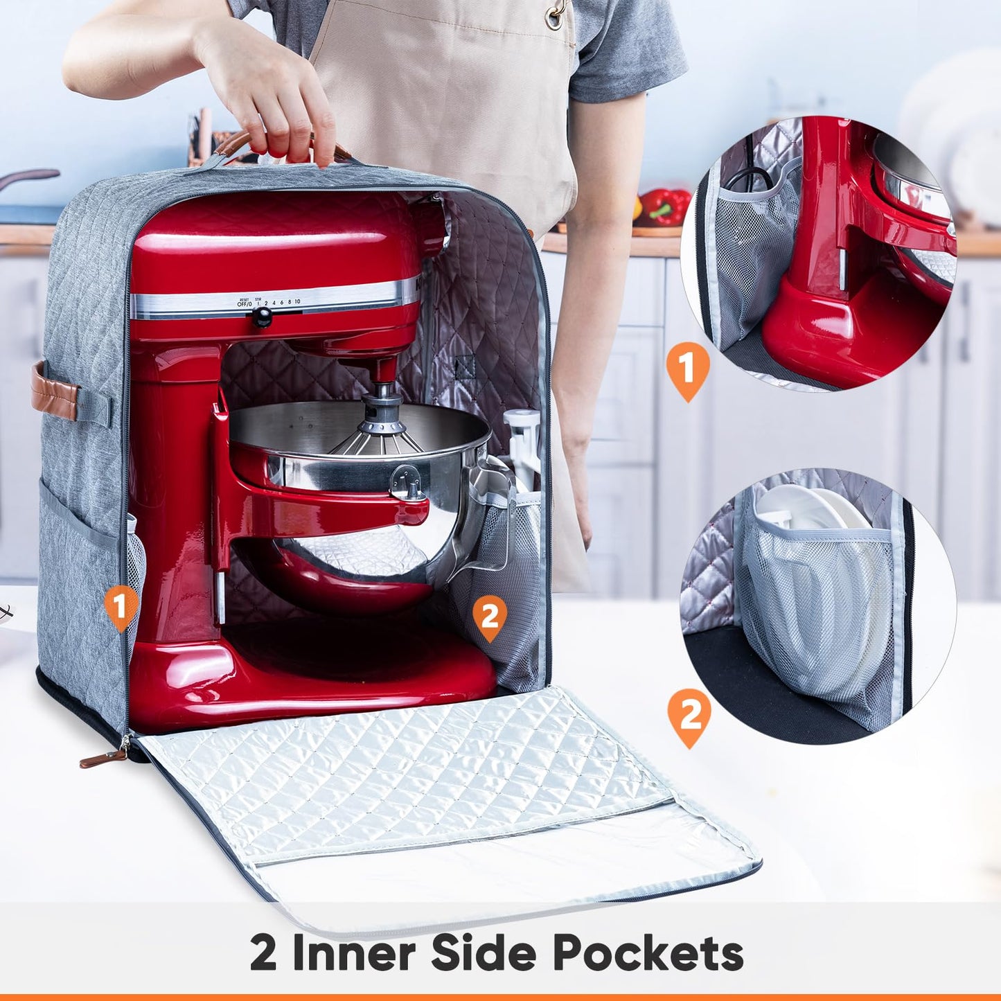 BAGSPRITE Stand Mixer Cover with Appliance Sliders Base Compatible with KitchenAid Mixer-Storage Bag for 6/7/8 Quart with Pockets for Kitchen Aid Accessories and Attachments