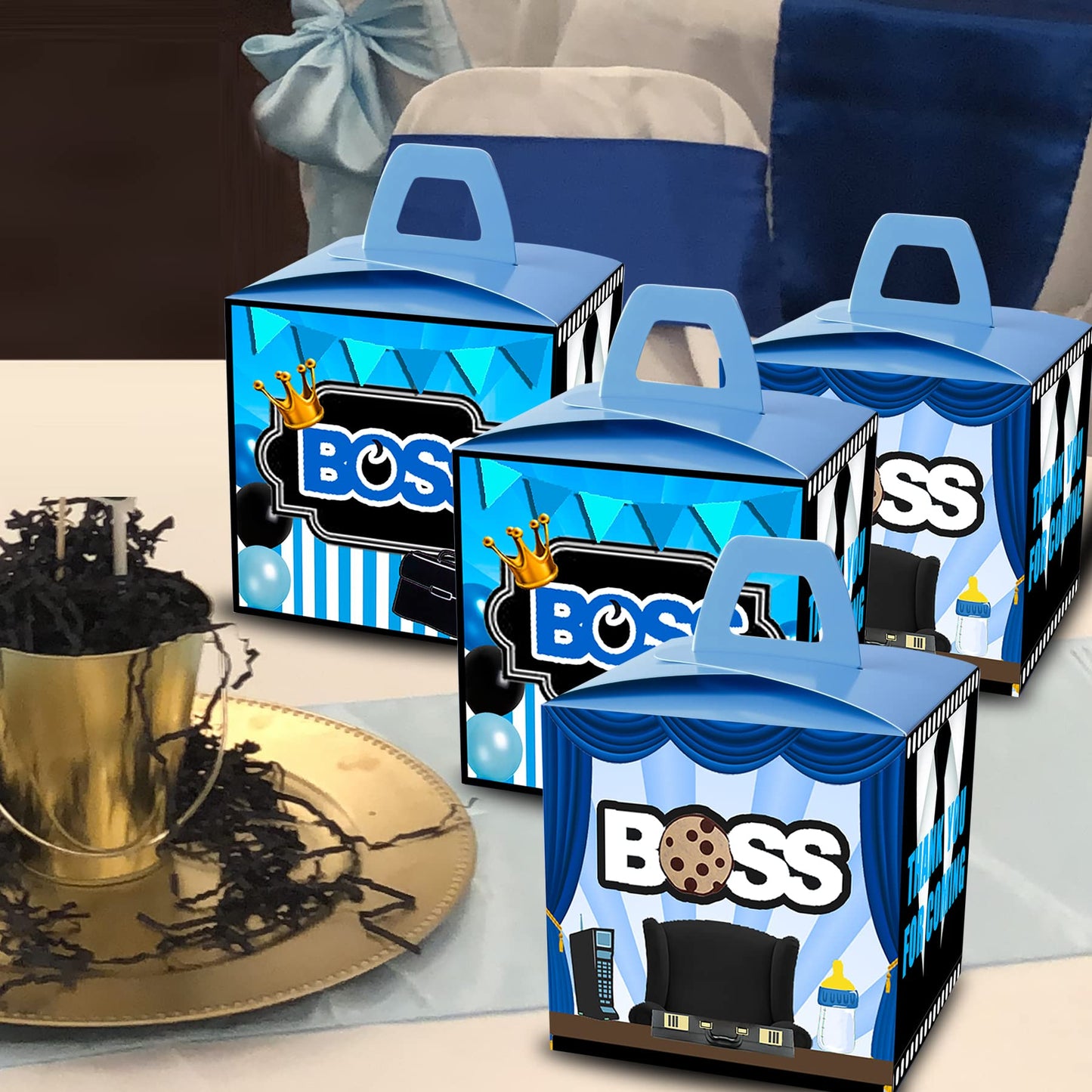 HAPPARTY BOSS Party Favor Gift Boxes 24 PCS,Blue BOSS Boy Goodie Candy Treat Boxe For 1st 2nd Birthday Decorations Supplies