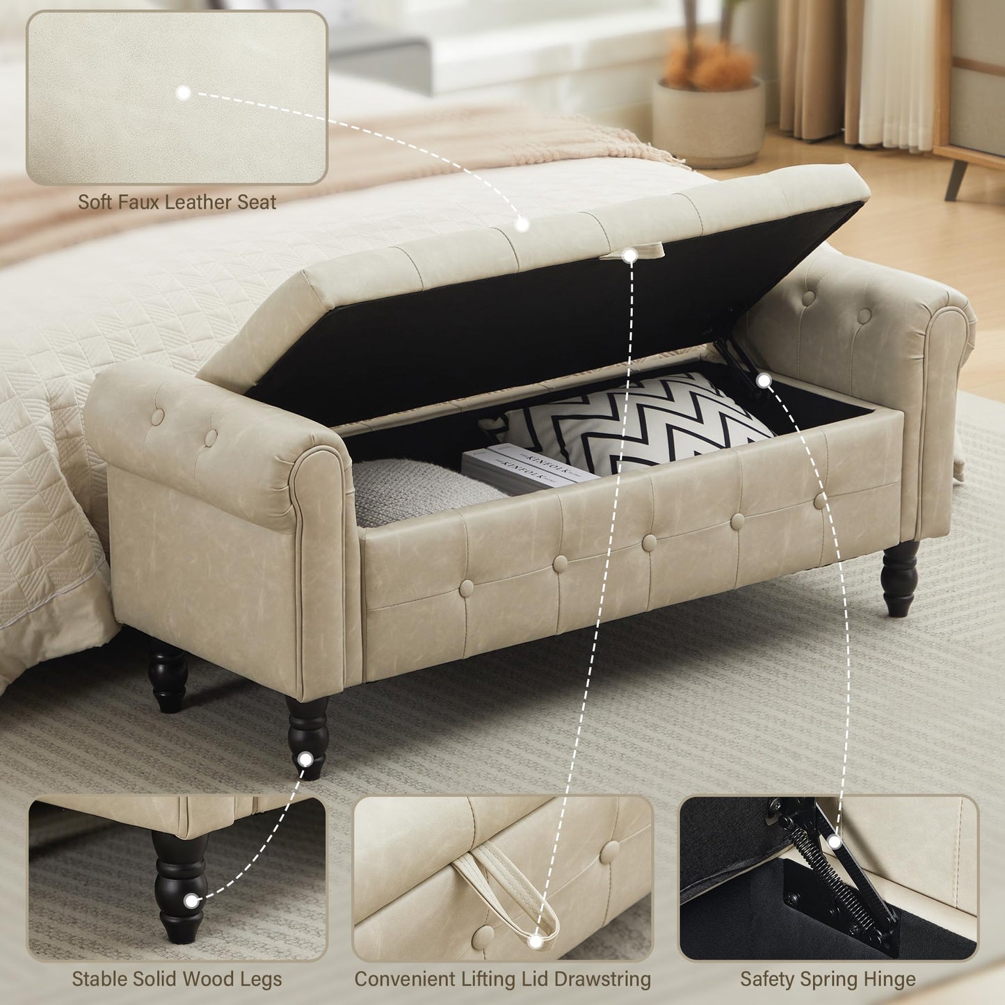 Hicosit 51-Inch Storage Bench with Armrests, End of Bed Ottoman with Storage for Living Room, Bedroom, Faux Leater Off-White
