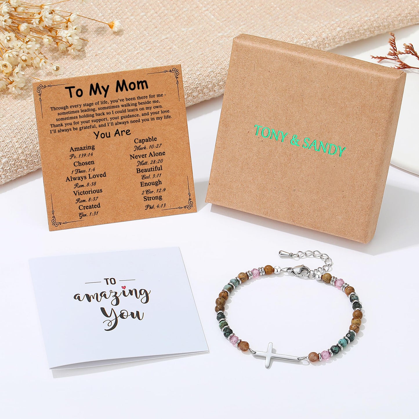 TONY & SANDY Mom Cross Bracelet, Birthday Gifts for Mom, Christian Gifts for Women from Daughter, Religious Jewelry Mother's Day Christmas Stocking Stuffers for Women Mommy Mama