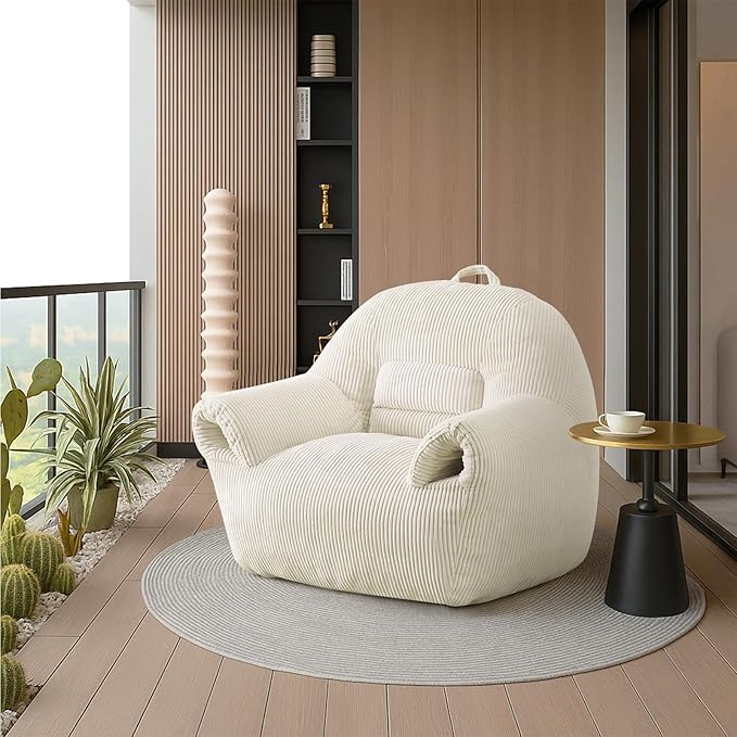 Peace nest Bean Bag Chair with Memory Foam Filled Ultra Soft Corduroy Cover for Adults Comfy Fur Bean Bag Chairs with Armrests for Bedroom Living Room Office Dorm Reading Beige