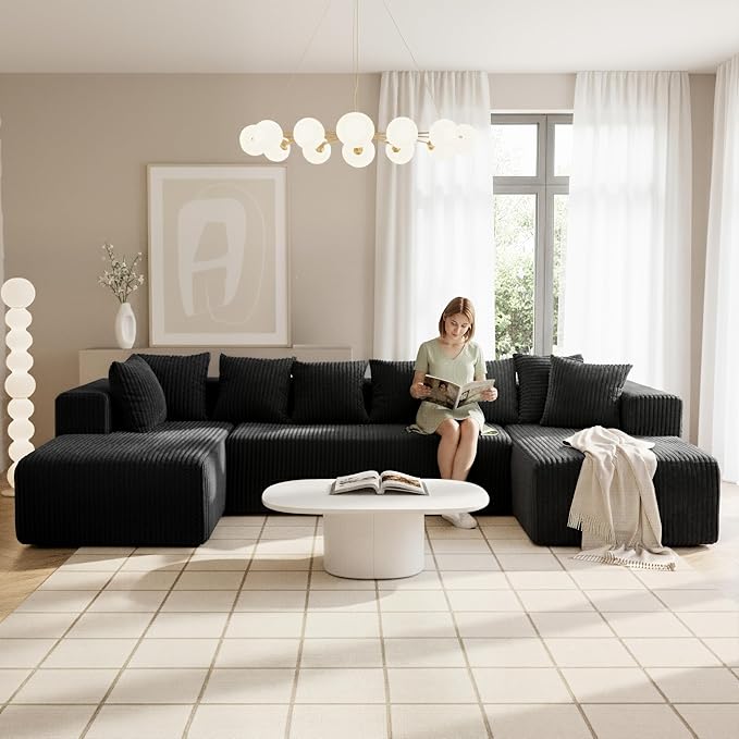 SEENYOO 130" Boneless Couch, Cloud Couch Sectional, Corduroy Sofa for Living Room, U Shaped Modular Sofa with Chaise, No Assembly, 4 Seats Oversized (Black)