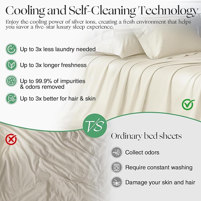 Silver Infused Bed Sheets Set, Temperature-Regulating Fabric with Self-Cleaning Technology for 3X Freshness Sleep, Genuine 100% Organic Viscose Derived from Bamboo (OffWhite, Queen)