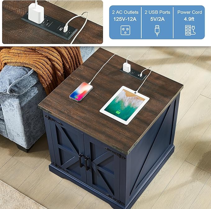 Barnyatoh Farmhouse End Table with Charging Station,24" Large Side Table with Barn Door, Rustic Wood Square Nightstand Bedside Table with Adjustable Storage Shelf for Living Room, Bedroom,Navy Blue