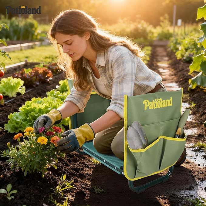 Patioland Garden Kneeler and Seat with 1 Tool Bag, 10.2" Widen Heavy Duty Thicken Soft Kneeling Pad, 2-in-1 Folding Garden Stool, Outdoor Yard Work Seat, Ideal Gardening Gifts for Mom, Women, Grandma
