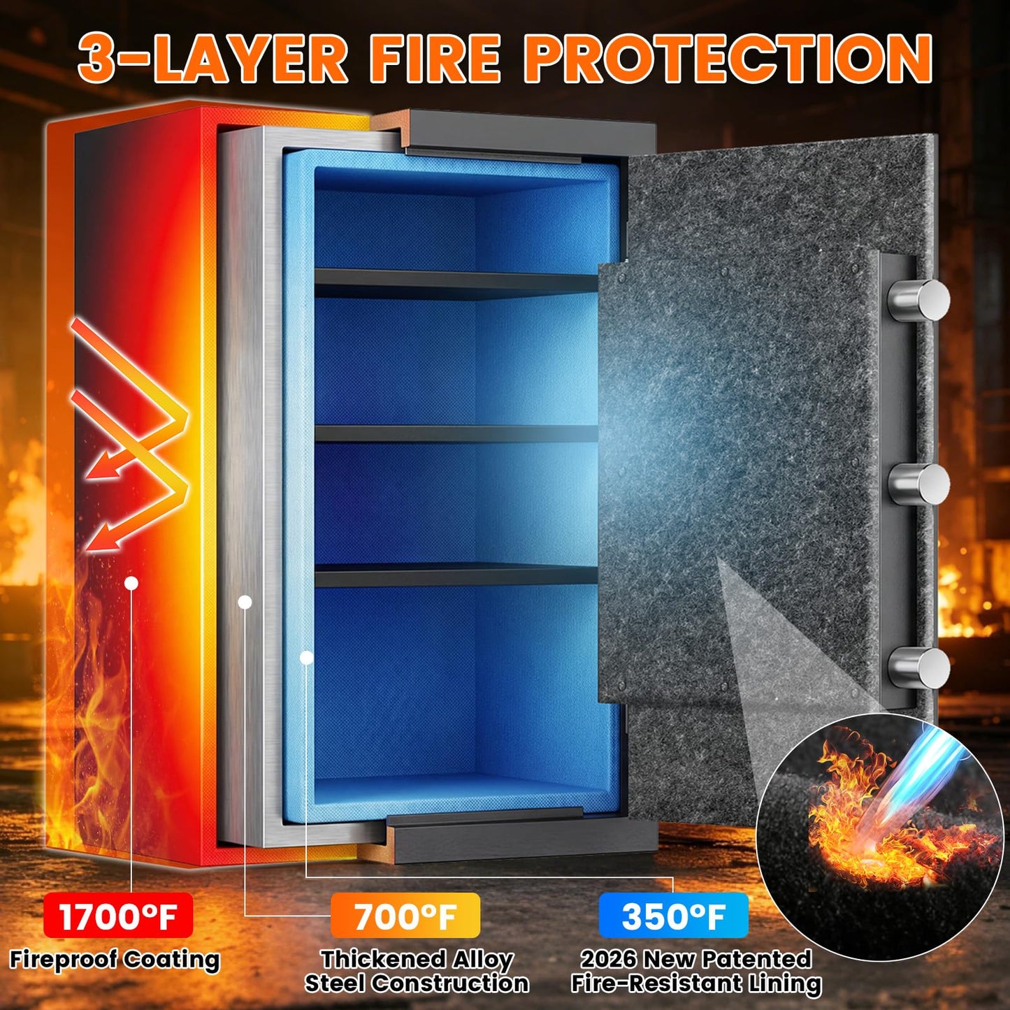 2026 35-Min 1700°F Fire Proof Safe for Home Documents, 23.7" Tall 43Lbs Fireproof Safe Box, Alarm System, LED Light, Wall Mount Fire Safe for Closet Bedroom, Safes for Home Use Fire Waterproof