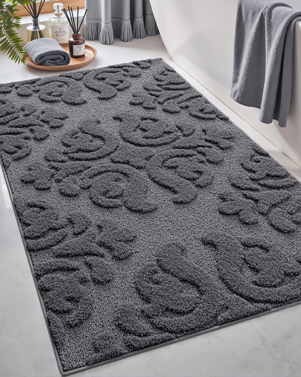 DEXI Bathroom Rug 24x43, Non Slip Washable Bath Mat for Shower Floor, Absorbent Soft Bathmat with Rubber Backing, Plush Fluffy Microfiber Floral Retro Carpet, Dark Grey