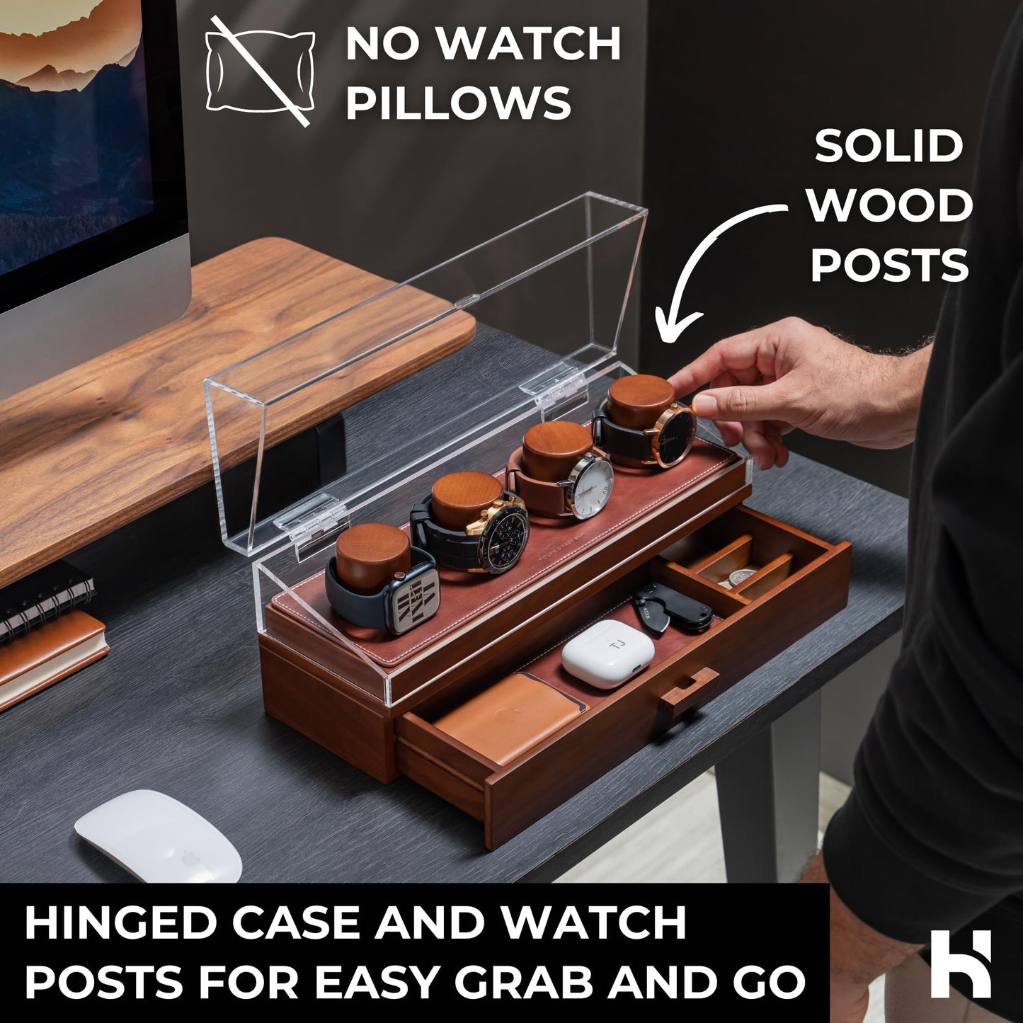 Holme & Hadfield Premium 4-Slot Wooden Watch Display Case – Handcrafted Men’s Watch Box with Accessory Drawer, Hinged Cover, Leather Lining – Birthday Gift for Collectors – Luxury Built to Last