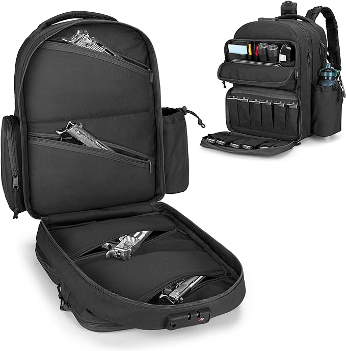 GOBUROS Tactical Pistol Backpack for 4 Handguns and 12 Mags, Gun Range Backpack with TSA Lock and Padded Shoulder Straps, ...