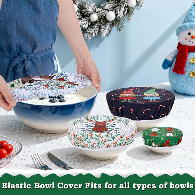 5-Size Beeswax Bowl Covers for Bread Proofing, Reusable Cotton Cloth Bowl Covers, Flexible Beeswax Wraps for Food Storage Christmas Holiday Kitchen Decor(Elk)