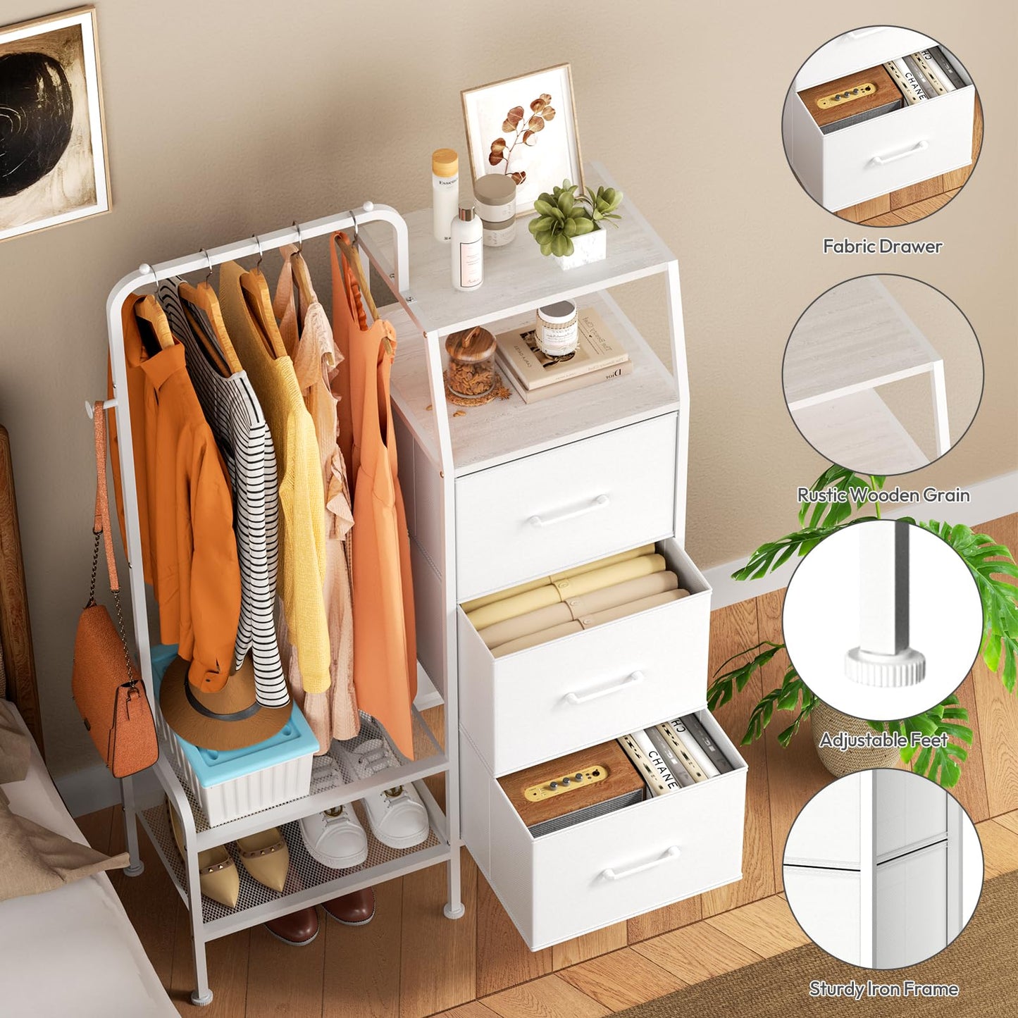 SWTYMIKI Dresser with Hanging Rack - 3 Fabric Drawers Dresser for Bedroom - Reversible Tall Storage Tower, Small Space Clothes Storage Organizer Cabinet for Apartment, Dorm 49.21''H, White