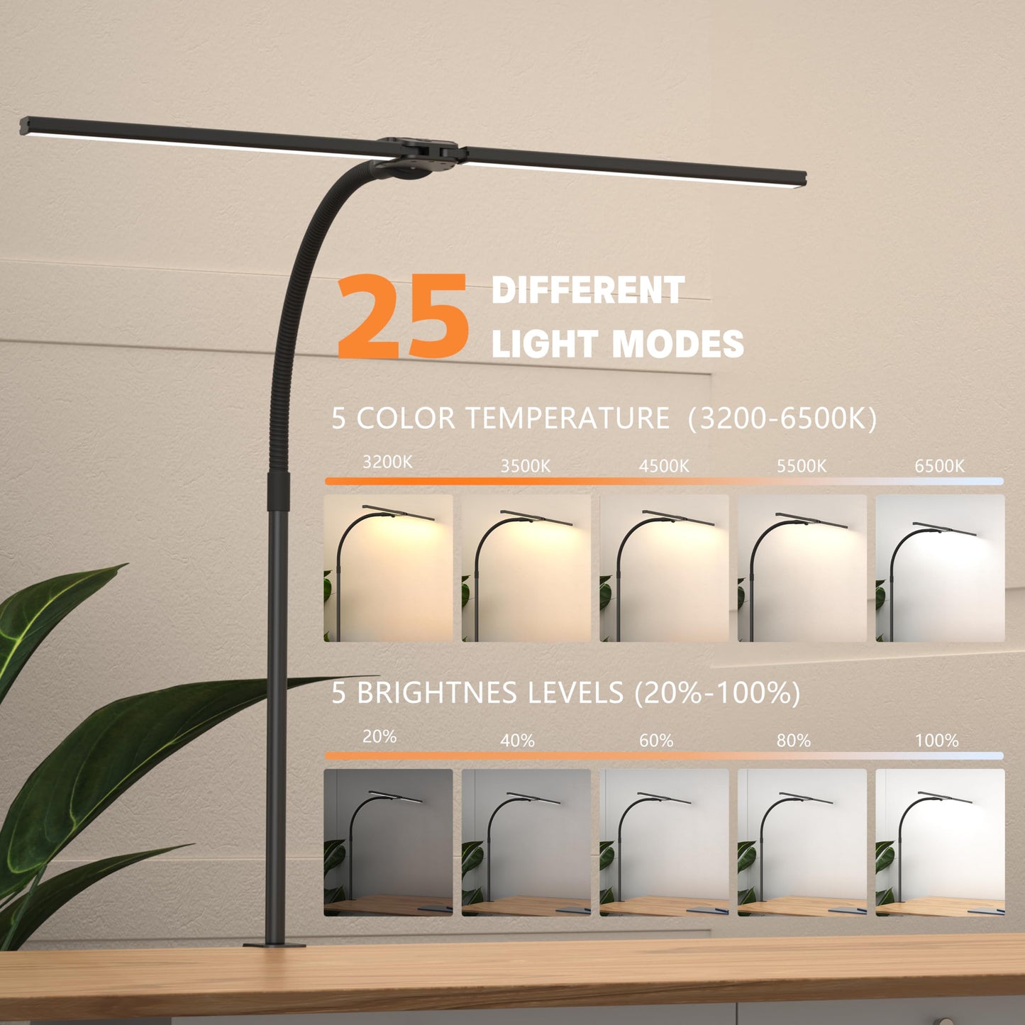 ULTEM Desk Lamp Home Office, Led Desk Lamp with Clamp, 15W Dual Screen Computer Monitor Lamp with Stepless Color Temp and Dimming,Small Adjustable Gooseneck Desk Light for Architect Work Craft (black)