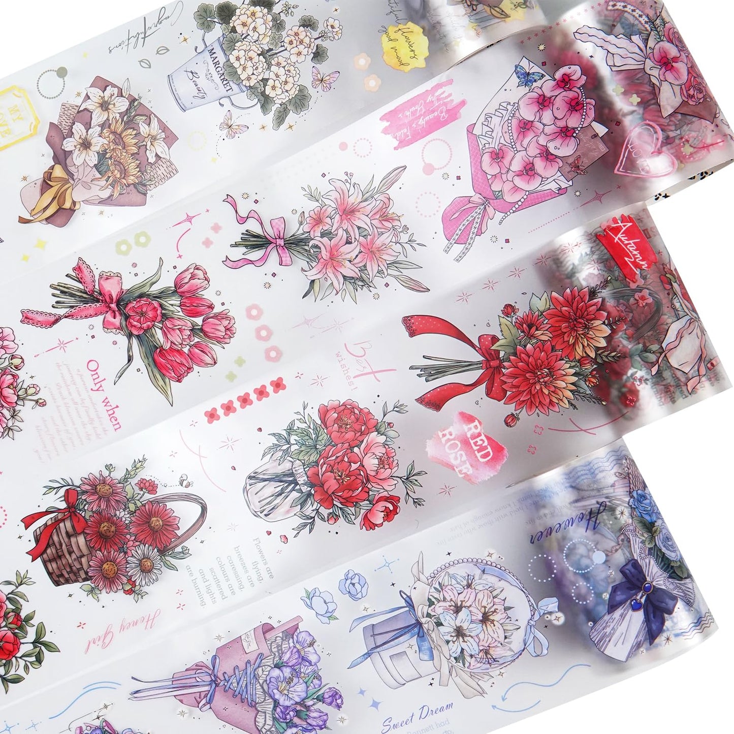 Floral Dream PET Tape Set, 4 Rolls of Flower Ephemera for Junk Journaling, Scrapbooking, Crafting, DIY Projects, Diaries, and Art Supplies