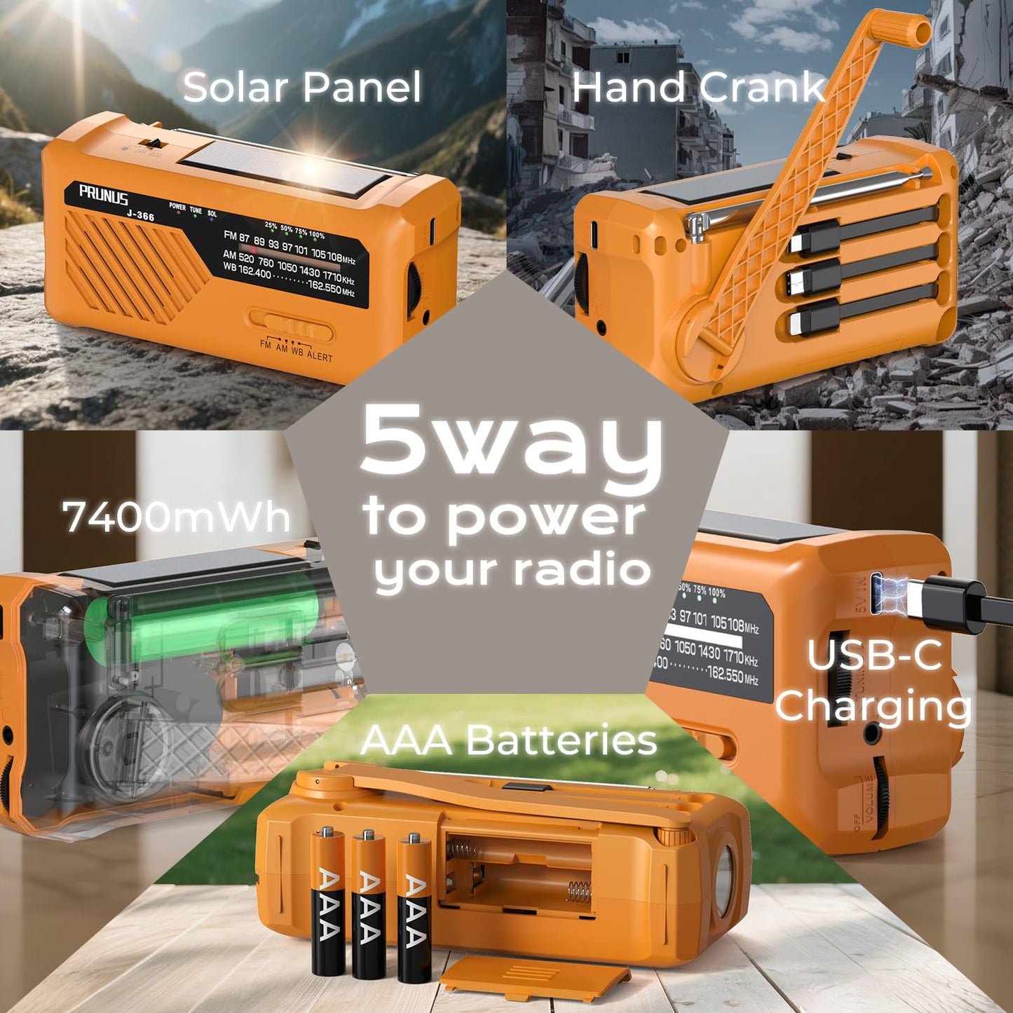 PRUNUS J-366 Hand Crank Emergency Radio, NOAA Weather Alert, Mini, 2000mAh Orange, Solar/USB-C, AM/FM, SOS Alarm, Flashlight