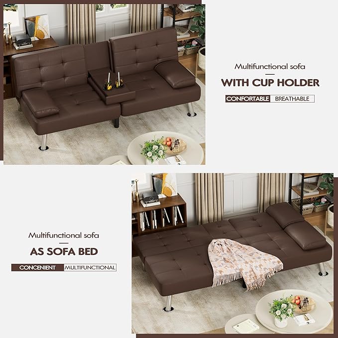 JUMMICO Faux Leather Futon Sofa Bed Futon Couch with Removable Armrests Adjustable Sleeper Sofa Bed with 2 Cup Holders for Living Room (PU Leather, Brown)