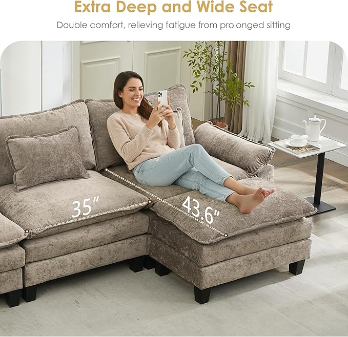 URRED Cloud Couch Modular Sectional Sofa, 157" Modern U Shaped Deep Seat Sofa with 2 Ottomans & Pillows, Ultra Comfy Chenille Couches for Living Room, Bedroom or Apartment, Khaki