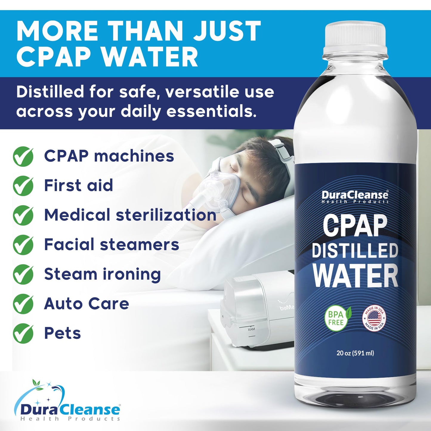 Dura Cleanse Distilled Water for CPAP Machines 6 Pack (20 oz Each) Travel Size Bottles for Resmed, Respironics Machines, Personal Humidifier - Made in USA, BPA-Free, Clean, Multi-Use, Travel-Friendly