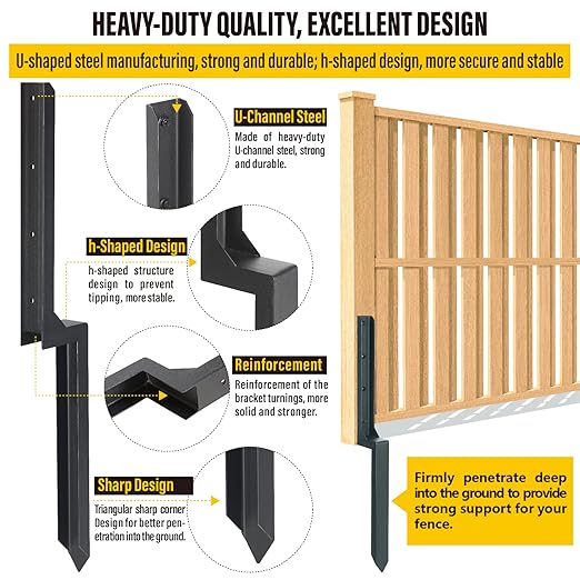 Epcee Heavy Duty Steel Fence Post Repair Stakes, Fence Post Anchor Ground Spike, for Repair Tilted/Broken Wood (6 Pack/Black