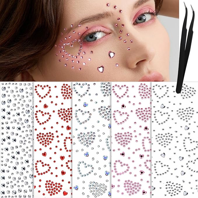 YGDZ Face Gems 5 Sheets Hair Gems, Self Adhesive Face Jewels Stickers, Heart Festival Face Gems Stick on, Rhinestone stick...