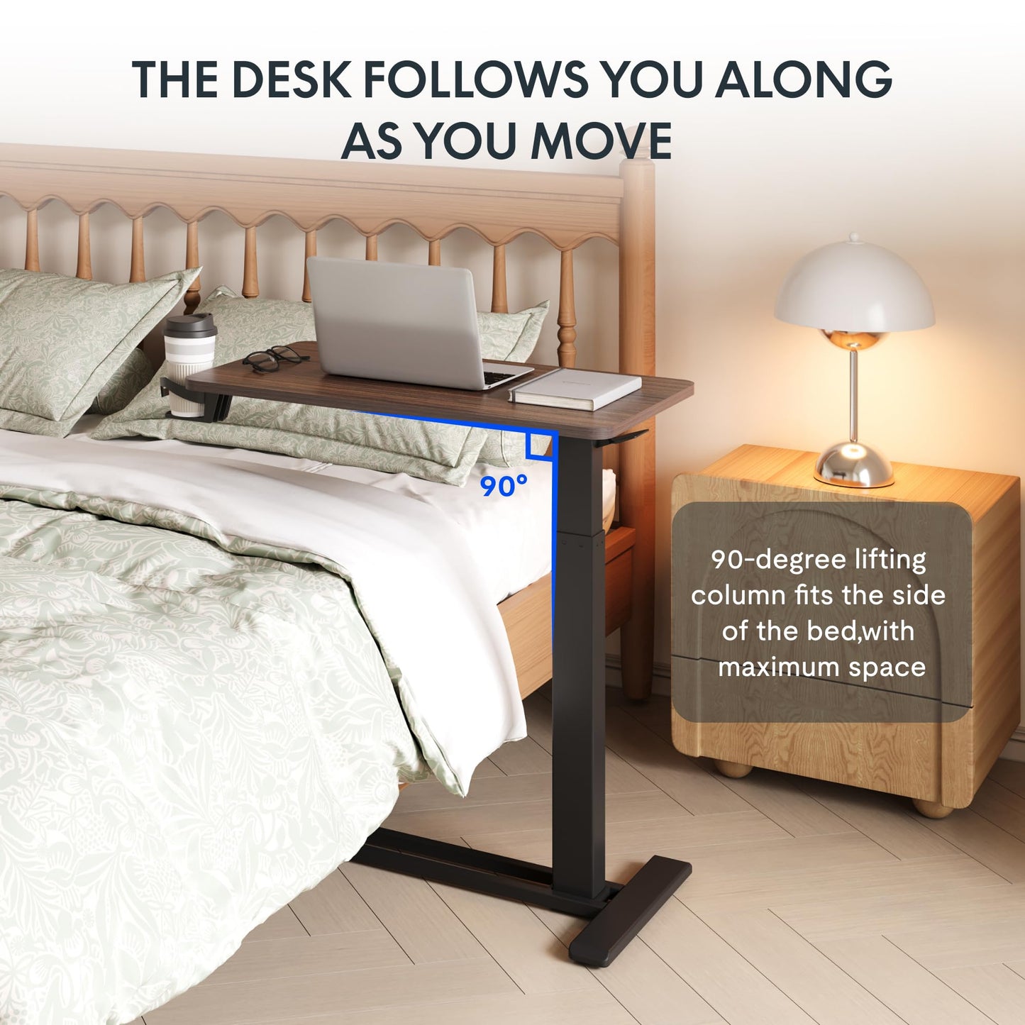 FLEXISPOT Medical Adjustable Overbed Bedside Table with Wheels Pneumatic Mobile Standing Desk Laptop Desk Rolling Computer Cart Movable Table Hospital Home Use(31.5" W x 17.7" D, Mahogany Large)