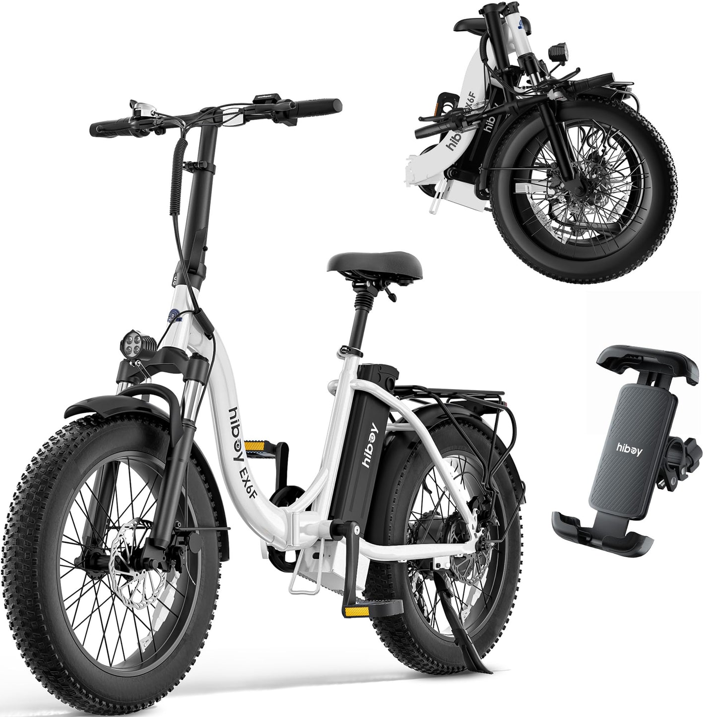 Hiboy EX6F Folding Electric Bike for Adults – 750W Motor, 20x4.0 Fat Tires, Removable Battery, 7-Speed, LCD Display, Phone Mount for Commuting & Adventure (White)